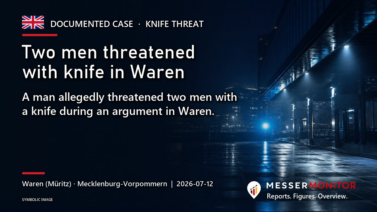 Title image: Two men threatened with knife in Waren. A man allegedly threatened two men with a knife during an argument in Waren..