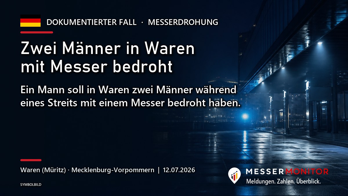 Titelgrafik: Zwei Männer in Waren mit Messer bedroht. Ein Mann soll in Waren zwei Männer während eines Streits mit einem Messer bedroht haben..