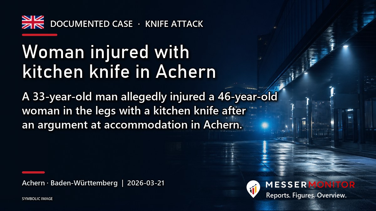 Title image: Woman injured with kitchen knife in Achern. A 33-year-old man allegedly injured a 46-year-old woman in the legs with a kitchen knife after an argument at accommodation in Achern..