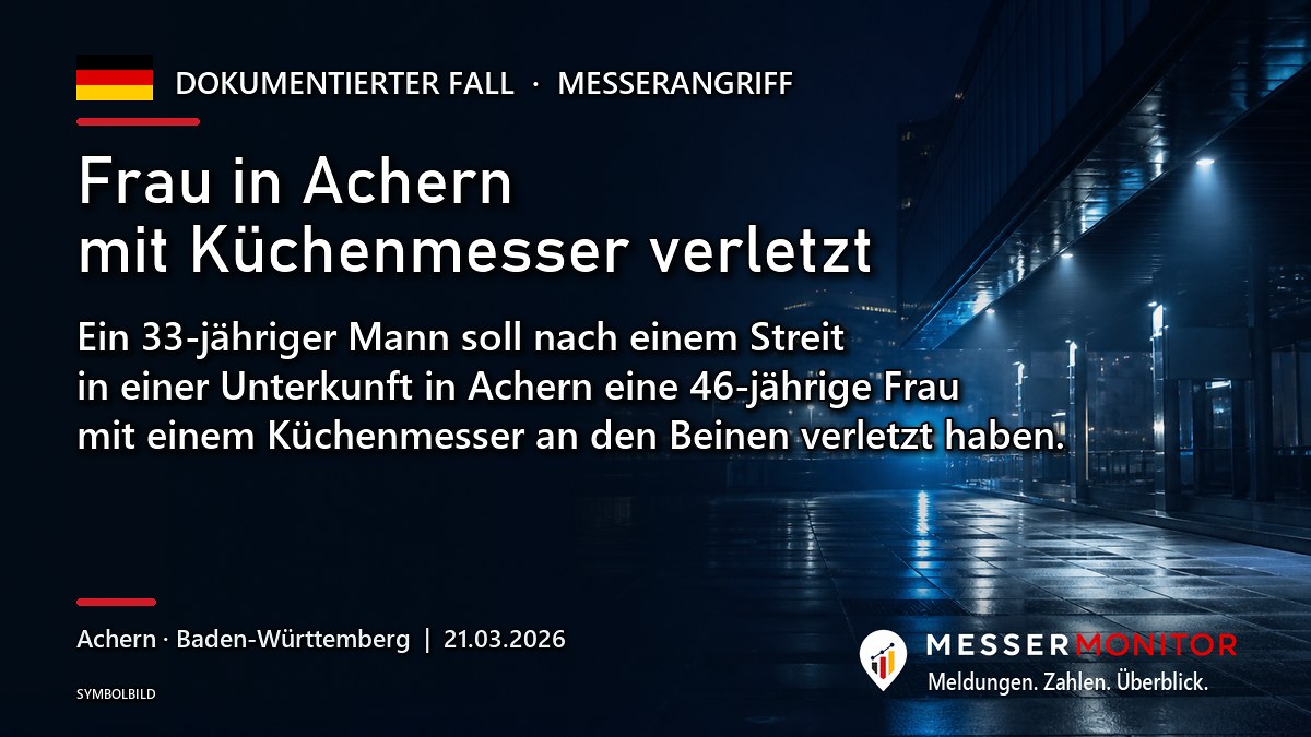 Titelgrafik: Frau in Achern mit Küchenmesser verletzt. Ein 33-jähriger Mann soll nach einem Streit in einer Unterkunft in Achern eine 46-jährige Frau mit einem Küchenmesser an den Beinen verletzt haben..