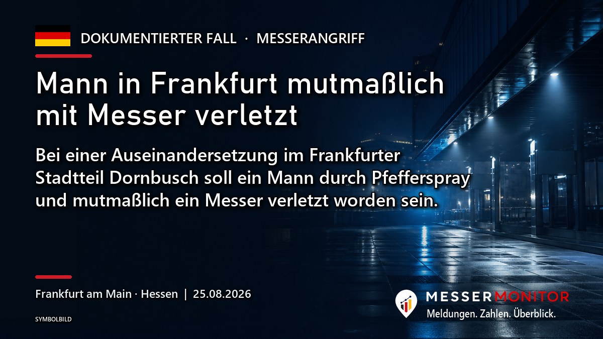 Titelgrafik: Mann in Frankfurt mutmaßlich mit Messer verletzt. Bei einer Auseinandersetzung im Frankfurter Stadtteil Dornbusch soll ein Mann durch Pfefferspray und mutmaßlich ein Messer verletzt worden sein..