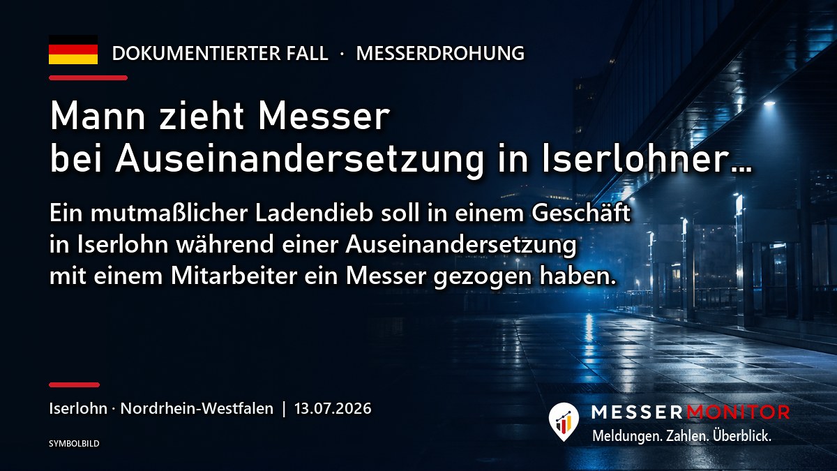 Titelgrafik: Mann zieht Messer bei Auseinandersetzung in Iserlohner…. Ein mutmaßlicher Ladendieb soll in einem Geschäft in Iserlohn während einer Auseinandersetzung mit einem Mitarbeiter ein Messer gezogen haben..