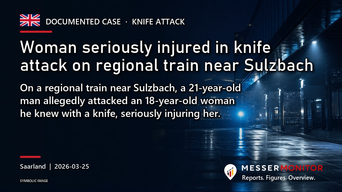 Title image: Woman seriously injured in knife attack on regional train near Sulzbach. On a regional train near Sulzbach, a 21-year-old man allegedly attacked an 18-year-old woman he knew with a knife, seriously injuring her..
