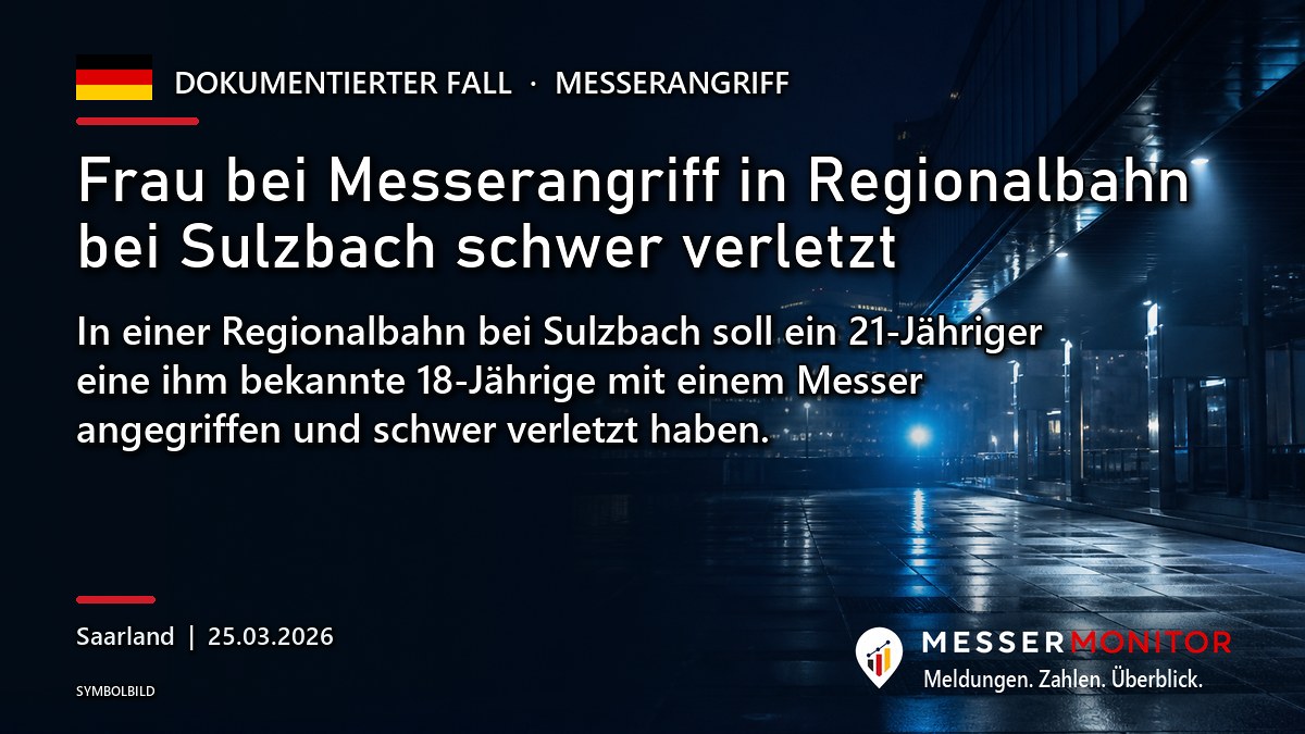 Titelgrafik: Frau bei Messerangriff in Regionalbahn bei Sulzbach schwer verletzt. In einer Regionalbahn bei Sulzbach soll ein 21-Jähriger eine ihm bekannte 18-Jährige mit einem Messer angegriffen und schwer verletzt haben..