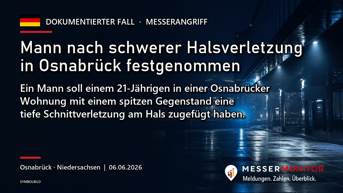 Titelgrafik: Mann nach schwerer Halsverletzung in Osnabrück festgenommen. Ein Mann soll einem 21-Jährigen in einer Osnabrücker Wohnung mit einem spitzen Gegenstand eine tiefe Schnittverletzung am Hals zugefügt haben..