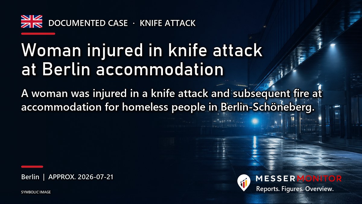 Title image: Woman injured in knife attack at Berlin accommodation. A woman was injured in a knife attack and subsequent fire at accommodation for homeless people in Berlin-Schöneberg..