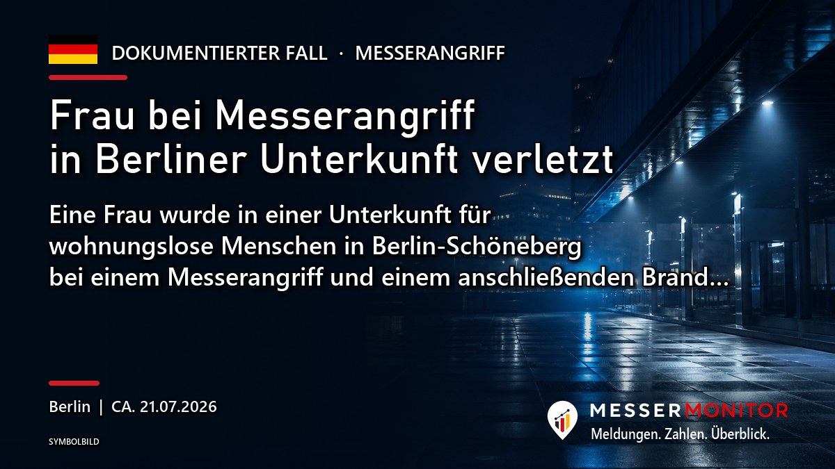 Titelgrafik: Frau bei Messerangriff in Berliner Unterkunft verletzt. Eine Frau wurde in einer Unterkunft für wohnungslose Menschen in Berlin-Schöneberg bei einem Messerangriff und einem anschließenden Brand….