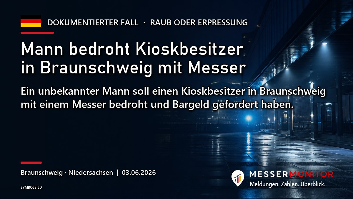 Titelgrafik: Mann bedroht Kioskbesitzer in Braunschweig mit Messer. Ein unbekannter Mann soll einen Kioskbesitzer in Braunschweig mit einem Messer bedroht und Bargeld gefordert haben..