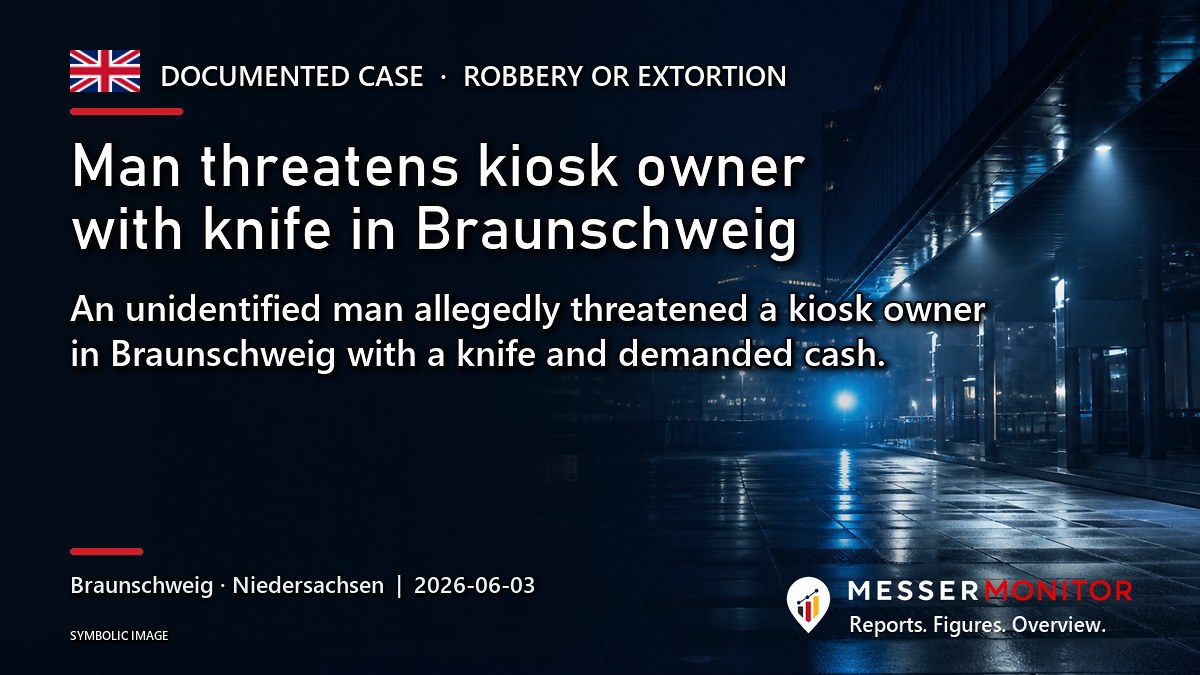 Title image: Man threatens kiosk owner with knife in Braunschweig. An unidentified man allegedly threatened a kiosk owner in Braunschweig with a knife and demanded cash..