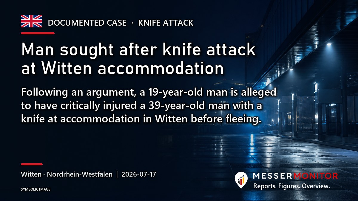 Title image: Man sought after knife attack at Witten accommodation. Following an argument, a 19-year-old man is alleged to have critically injured a 39-year-old man with a knife at accommodation in Witten before fleeing..