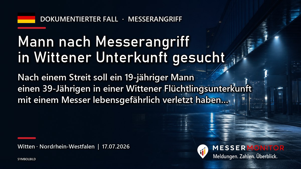 Titelgrafik: Mann nach Messerangriff in Wittener Unterkunft gesucht. Nach einem Streit soll ein 19-jähriger Mann einen 39-Jährigen in einer Wittener Flüchtlingsunterkunft mit einem Messer lebensgefährlich verletzt haben….