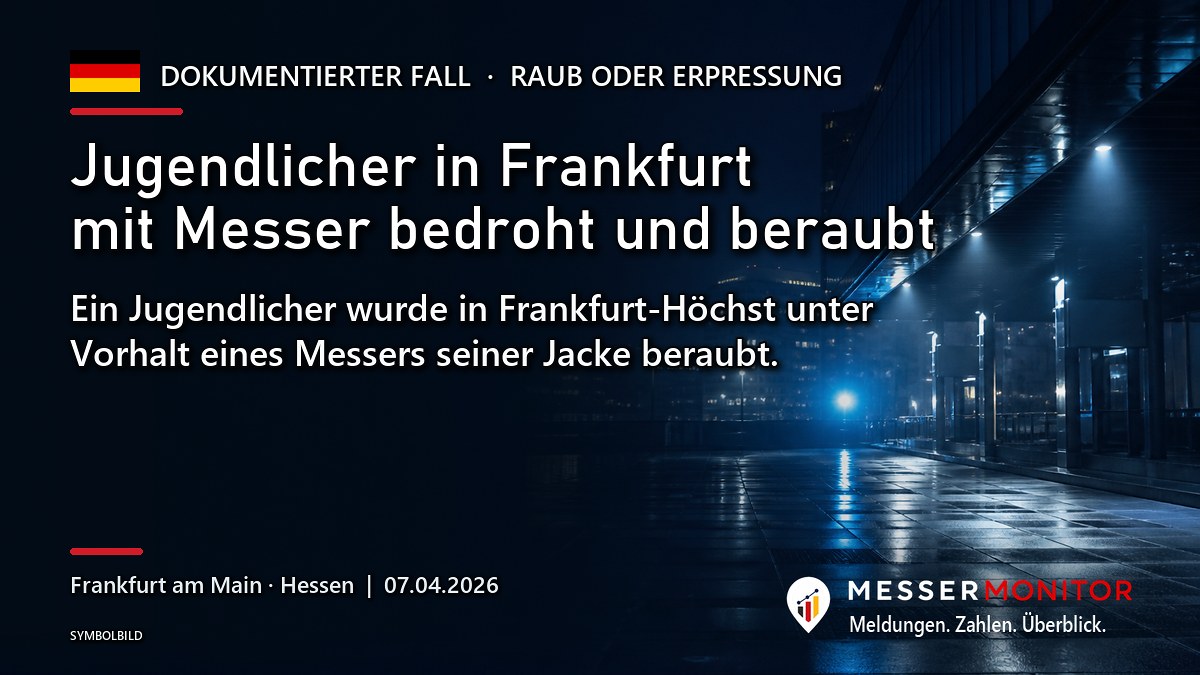 Titelgrafik: Jugendlicher in Frankfurt mit Messer bedroht und beraubt. Ein Jugendlicher wurde in Frankfurt-Höchst unter Vorhalt eines Messers seiner Jacke beraubt..
