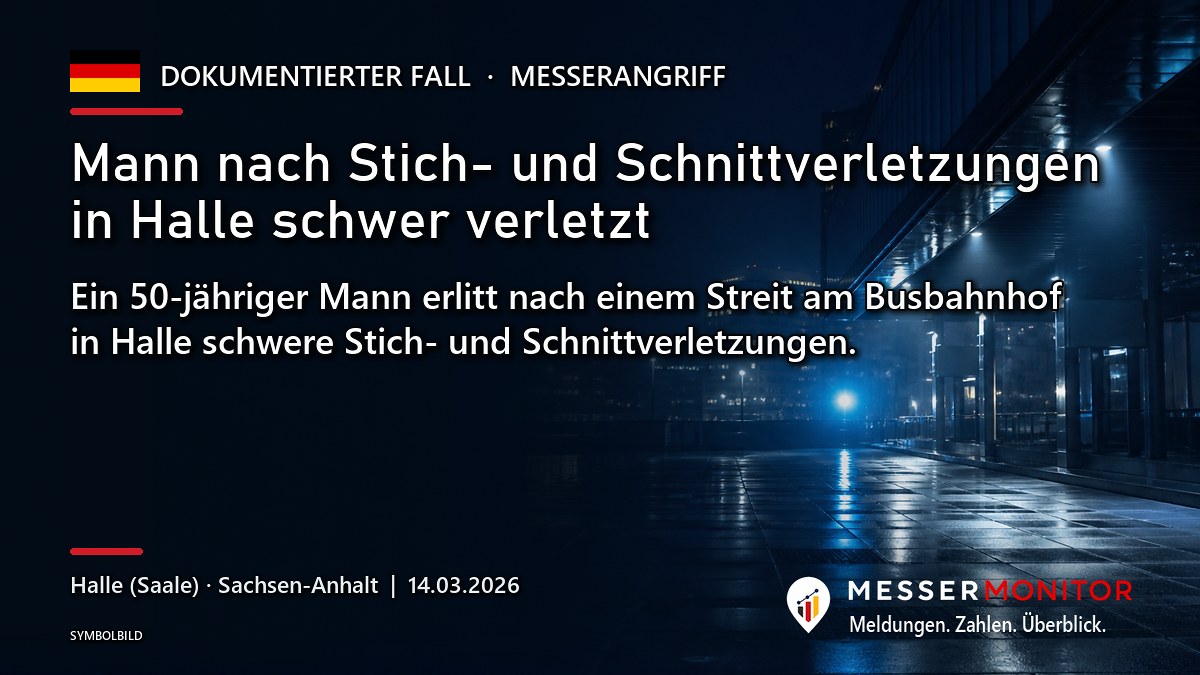 Titelgrafik: Mann nach Stich- und Schnittverletzungen in Halle schwer verletzt. Ein 50-jähriger Mann erlitt nach einem Streit am Busbahnhof in Halle schwere Stich- und Schnittverletzungen..