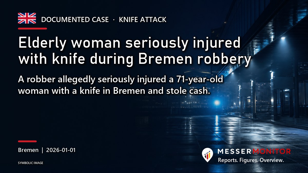 Title image: Elderly woman seriously injured with knife during Bremen robbery. A robber allegedly seriously injured a 71-year-old woman with a knife in Bremen and stole cash..
