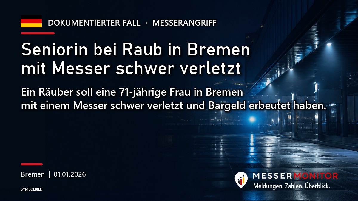 Titelgrafik: Seniorin bei Raub in Bremen mit Messer schwer verletzt. Ein Räuber soll eine 71-jährige Frau in Bremen mit einem Messer schwer verletzt und Bargeld erbeutet haben..