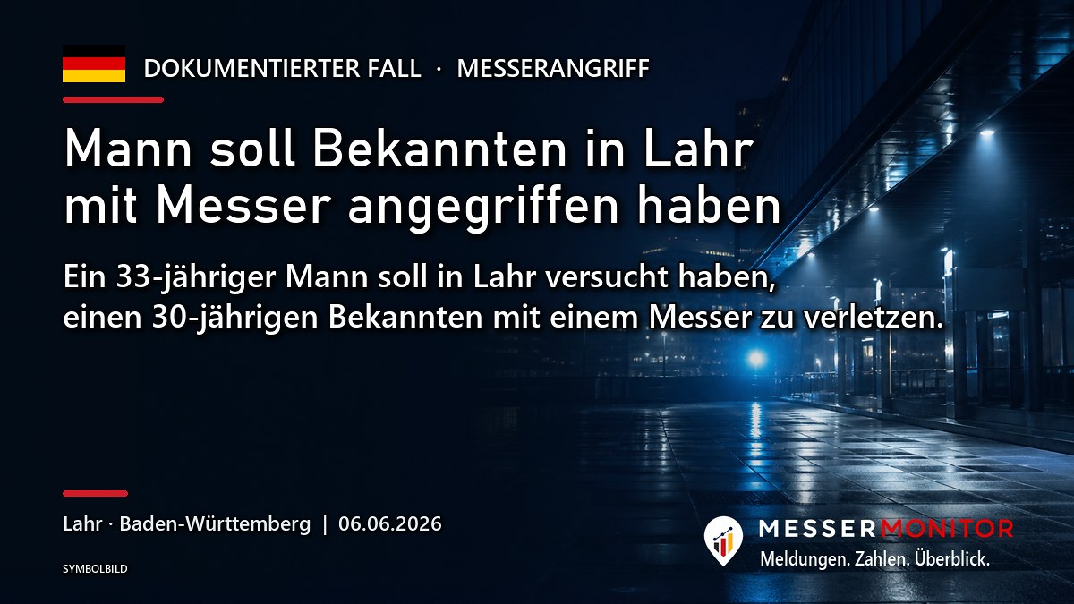 Titelgrafik: Mann soll Bekannten in Lahr mit Messer angegriffen haben. Ein 33-jähriger Mann soll in Lahr versucht haben, einen 30-jährigen Bekannten mit einem Messer zu verletzen..