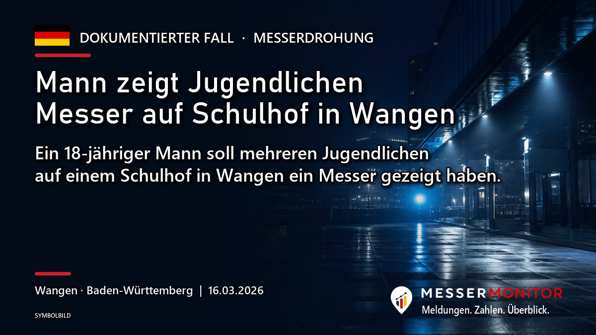 Titelgrafik: Mann zeigt Jugendlichen Messer auf Schulhof in Wangen. Ein 18-jähriger Mann soll mehreren Jugendlichen auf einem Schulhof in Wangen ein Messer gezeigt haben..