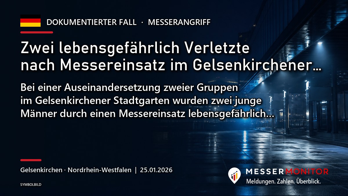 Titelgrafik: Zwei lebensgefährlich Verletzte nach Messereinsatz im Gelsenkirchener…. Bei einer Auseinandersetzung zweier Gruppen im Gelsenkirchener Stadtgarten wurden zwei junge Männer durch einen Messereinsatz lebensgefährlich….