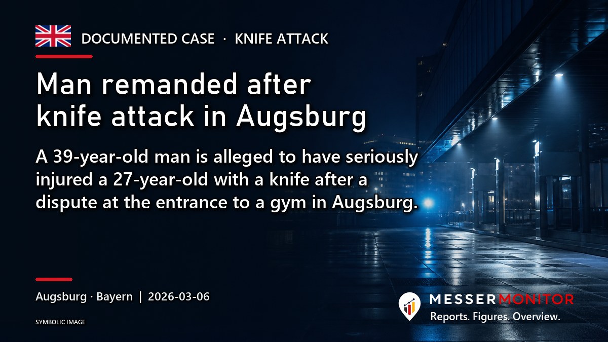 Title image: Man remanded after knife attack in Augsburg. A 39-year-old man is alleged to have seriously injured a 27-year-old with a knife after a dispute at the entrance to a gym in Augsburg..