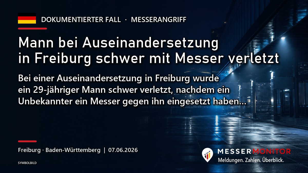 Titelgrafik: Mann bei Auseinandersetzung in Freiburg schwer mit Messer verletzt. Bei einer Auseinandersetzung in Freiburg wurde ein 29-jähriger Mann schwer verletzt, nachdem ein Unbekannter ein Messer gegen ihn eingesetzt haben….