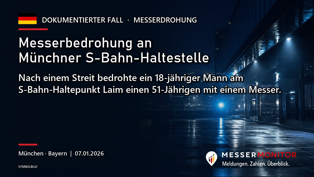 Titelgrafik: Messerbedrohung an Münchner S-Bahn-Haltestelle. Nach einem Streit bedrohte ein 18-jähriger Mann am S-Bahn-Haltepunkt Laim einen 51-Jährigen mit einem Messer..