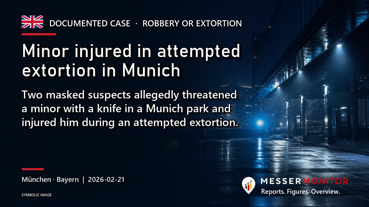 Title image: Minor injured in attempted extortion in Munich. Two masked suspects allegedly threatened a minor with a knife in a Munich park and injured him during an attempted extortion..