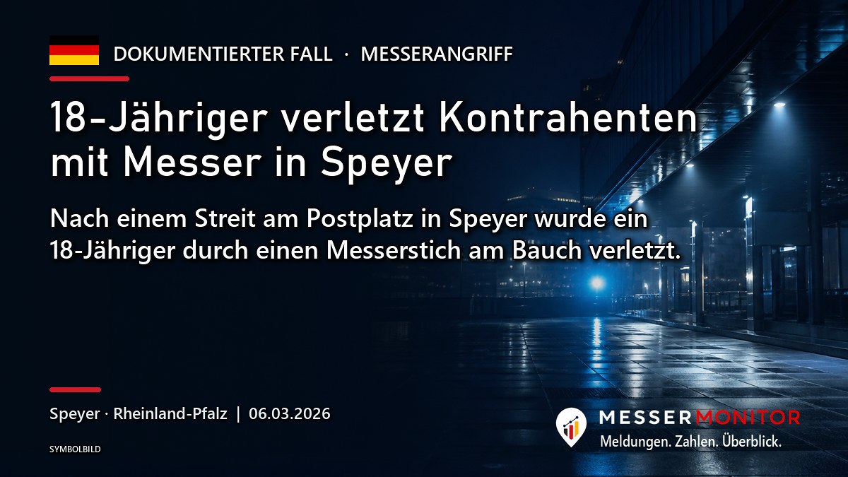 Titelgrafik: 18-Jähriger verletzt Kontrahenten mit Messer in Speyer. Nach einem Streit am Postplatz in Speyer wurde ein 18-Jähriger durch einen Messerstich am Bauch verletzt..