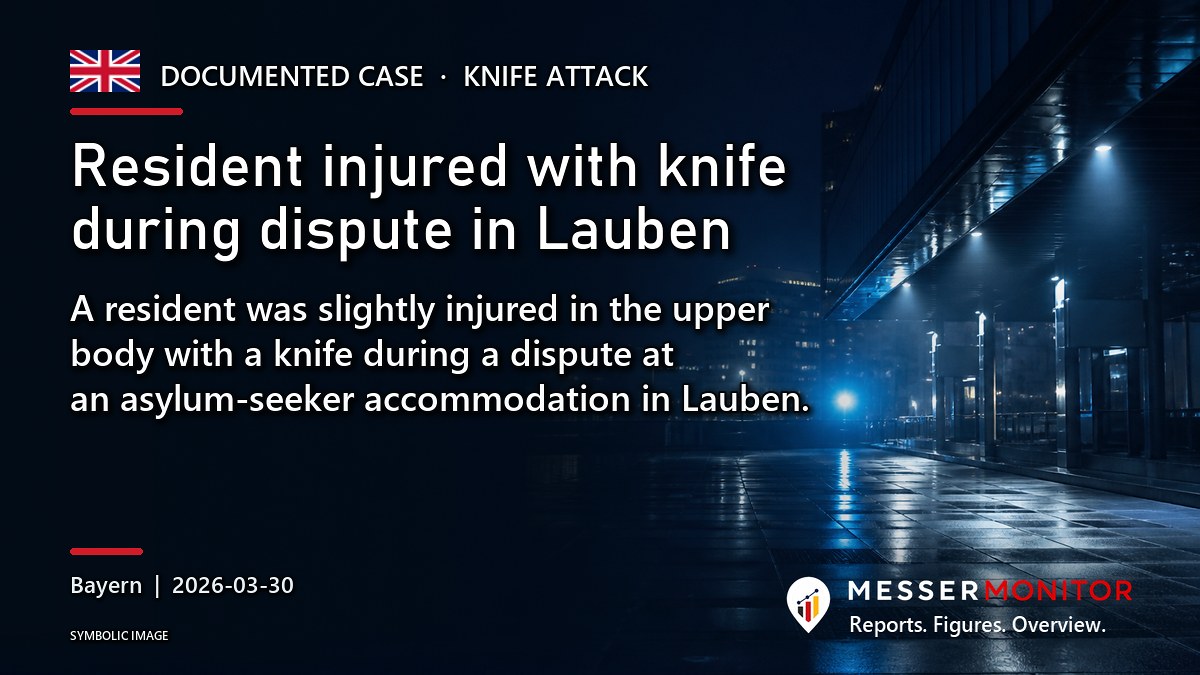 Title image: Resident injured with knife during dispute in Lauben. A resident was slightly injured in the upper body with a knife during a dispute at an asylum-seeker accommodation in Lauben..