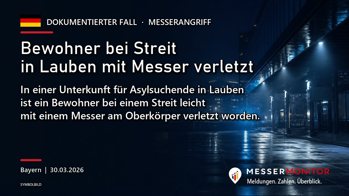 Titelgrafik: Bewohner bei Streit in Lauben mit Messer verletzt. In einer Unterkunft für Asylsuchende in Lauben ist ein Bewohner bei einem Streit leicht mit einem Messer am Oberkörper verletzt worden..