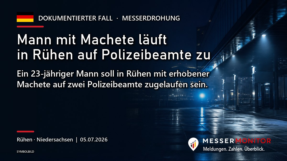 Titelgrafik: Mann mit Machete läuft in Rühen auf Polizeibeamte zu. Ein 23-jähriger Mann soll in Rühen mit erhobener Machete auf zwei Polizeibeamte zugelaufen sein..