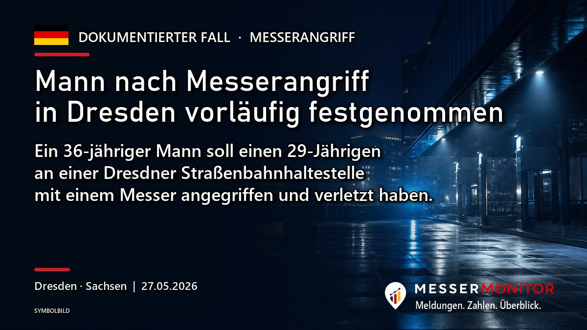 Titelgrafik: Mann nach Messerangriff in Dresden vorläufig festgenommen. Ein 36-jähriger Mann soll einen 29-Jährigen an einer Dresdner Straßenbahnhaltestelle mit einem Messer angegriffen und verletzt haben..