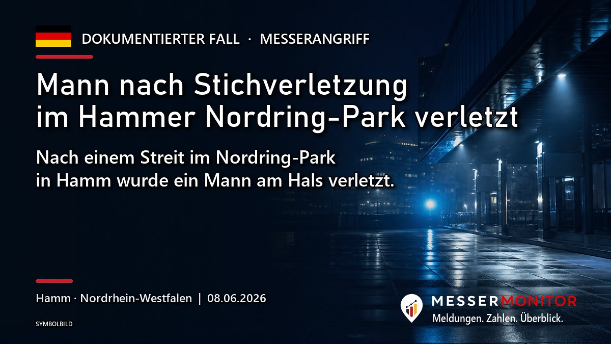 Titelgrafik: Mann nach Stichverletzung im Hammer Nordring-Park verletzt. Nach einem Streit im Nordring-Park in Hamm wurde ein Mann am Hals verletzt..