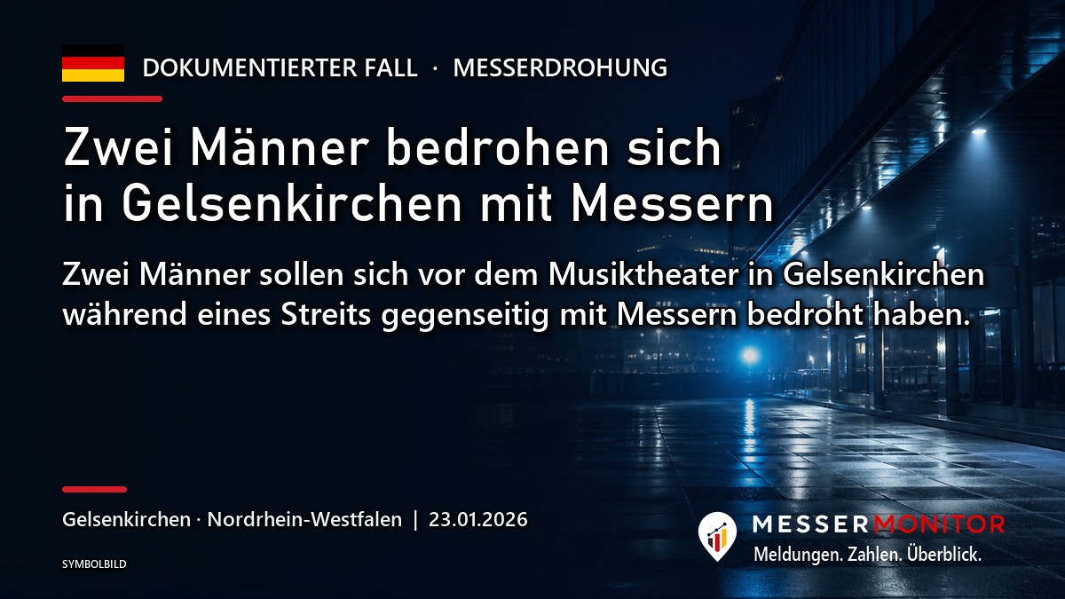 Titelgrafik: Zwei Männer bedrohen sich in Gelsenkirchen mit Messern. Zwei Männer sollen sich vor dem Musiktheater in Gelsenkirchen während eines Streits gegenseitig mit Messern bedroht haben..