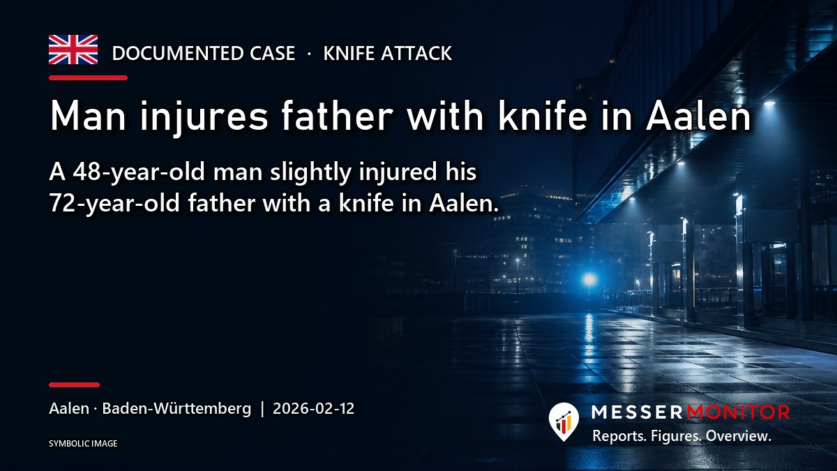 Title image: Man injures father with knife in Aalen. A 48-year-old man slightly injured his 72-year-old father with a knife in Aalen..