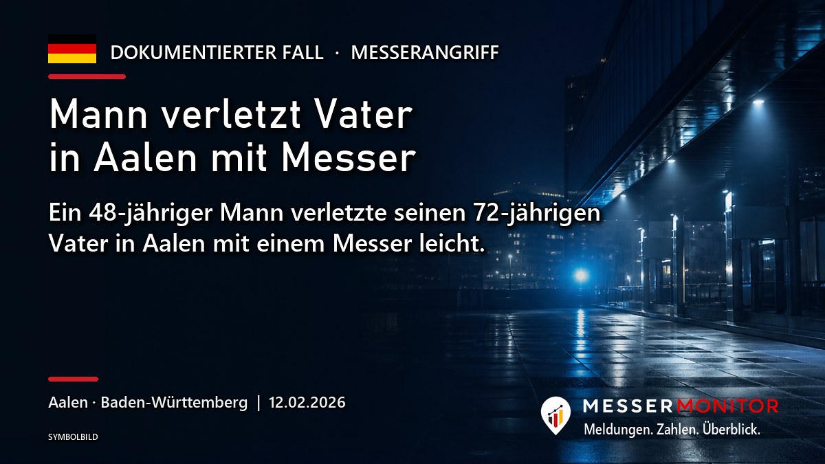 Titelgrafik: Mann verletzt Vater in Aalen mit Messer. Ein 48-jähriger Mann verletzte seinen 72-jährigen Vater in Aalen mit einem Messer leicht..