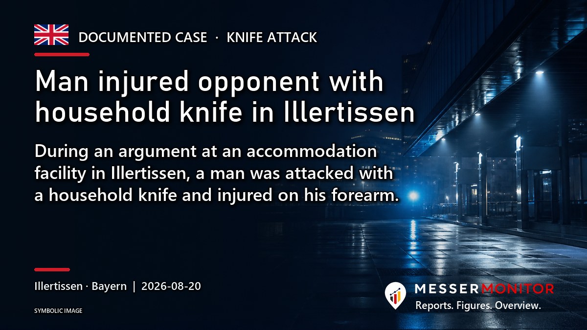 Title image: Man injured opponent with household knife in Illertissen. During an argument at an accommodation facility in Illertissen, a man was attacked with a household knife and injured on his forearm..