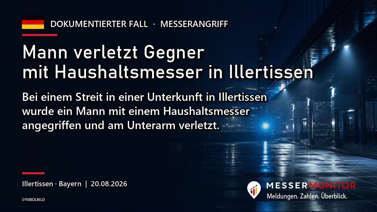 Titelgrafik: Mann verletzt Gegner mit Haushaltsmesser in Illertissen. Bei einem Streit in einer Unterkunft in Illertissen wurde ein Mann mit einem Haushaltsmesser angegriffen und am Unterarm verletzt..