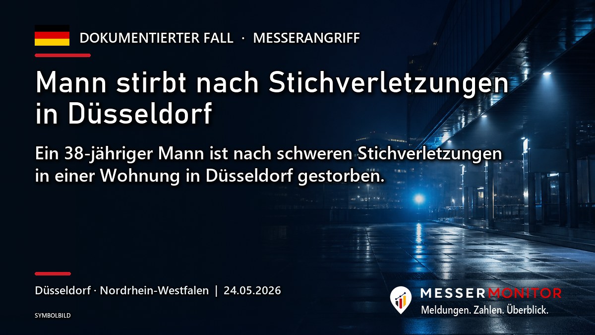 Titelgrafik: Mann stirbt nach Stichverletzungen in Düsseldorf. Ein 38-jähriger Mann ist nach schweren Stichverletzungen in einer Wohnung in Düsseldorf gestorben..