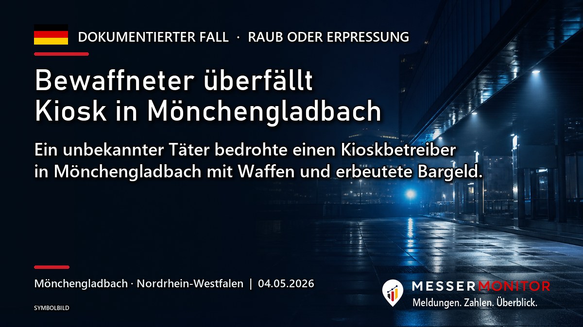 Titelgrafik: Bewaffneter überfällt Kiosk in Mönchengladbach. Ein unbekannter Täter bedrohte einen Kioskbetreiber in Mönchengladbach mit Waffen und erbeutete Bargeld..
