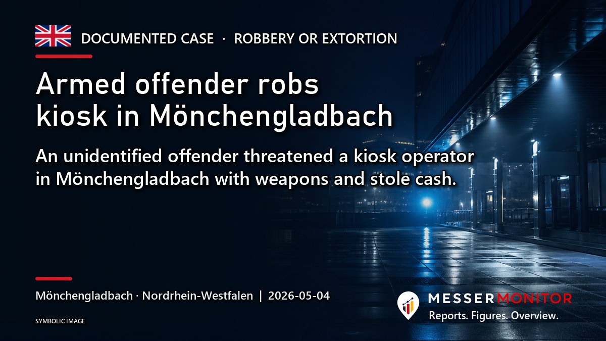 Title image: Armed offender robs kiosk in Mönchengladbach. An unidentified offender threatened a kiosk operator in Mönchengladbach with weapons and stole cash..