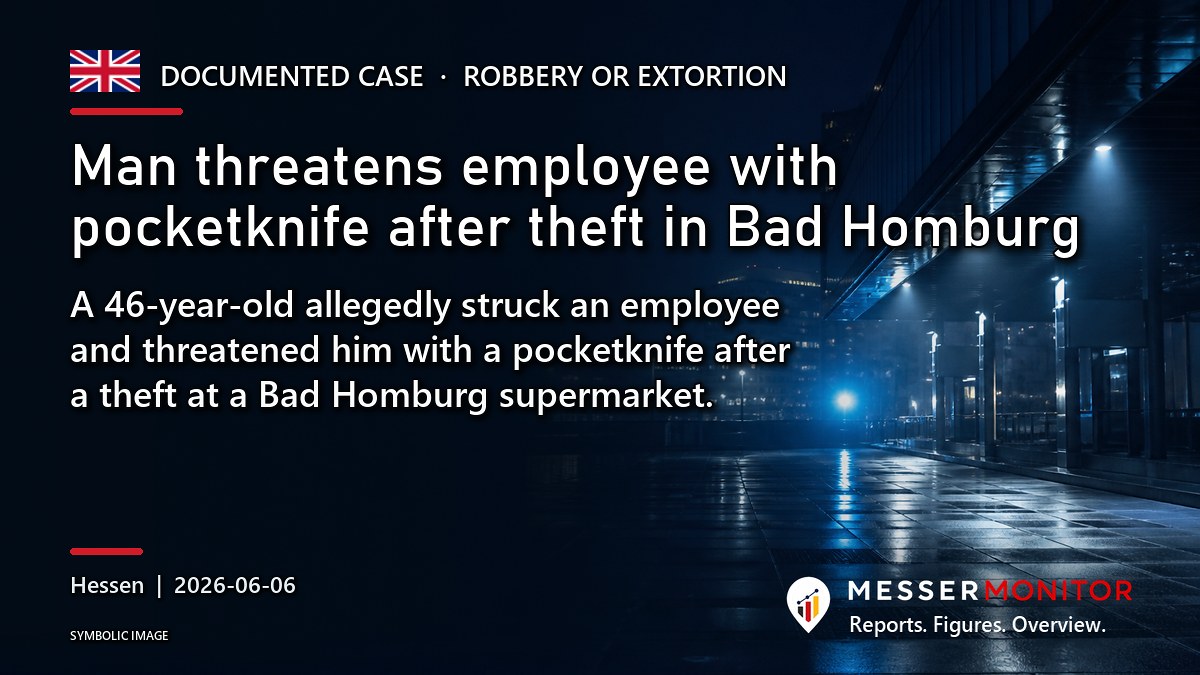 Title image: Man threatens employee with pocketknife after theft in Bad Homburg. A 46-year-old allegedly struck an employee and threatened him with a pocketknife after a theft at a Bad Homburg supermarket..