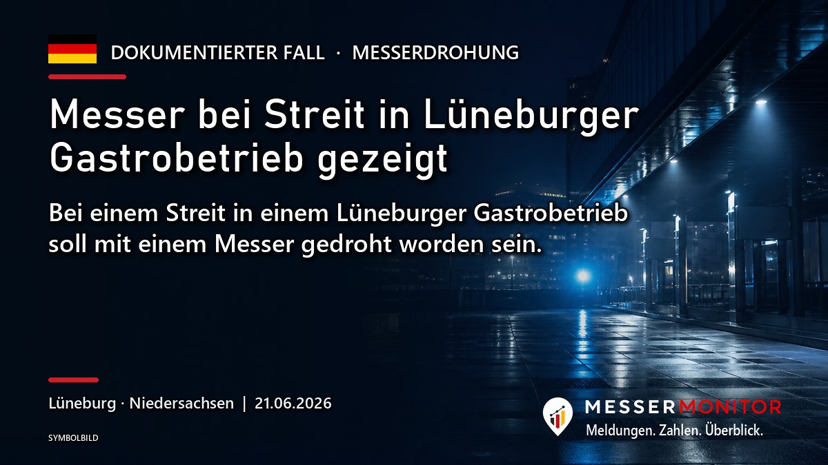 Titelgrafik: Messer bei Streit in Lüneburger Gastrobetrieb gezeigt. Bei einem Streit in einem Lüneburger Gastrobetrieb soll mit einem Messer gedroht worden sein..