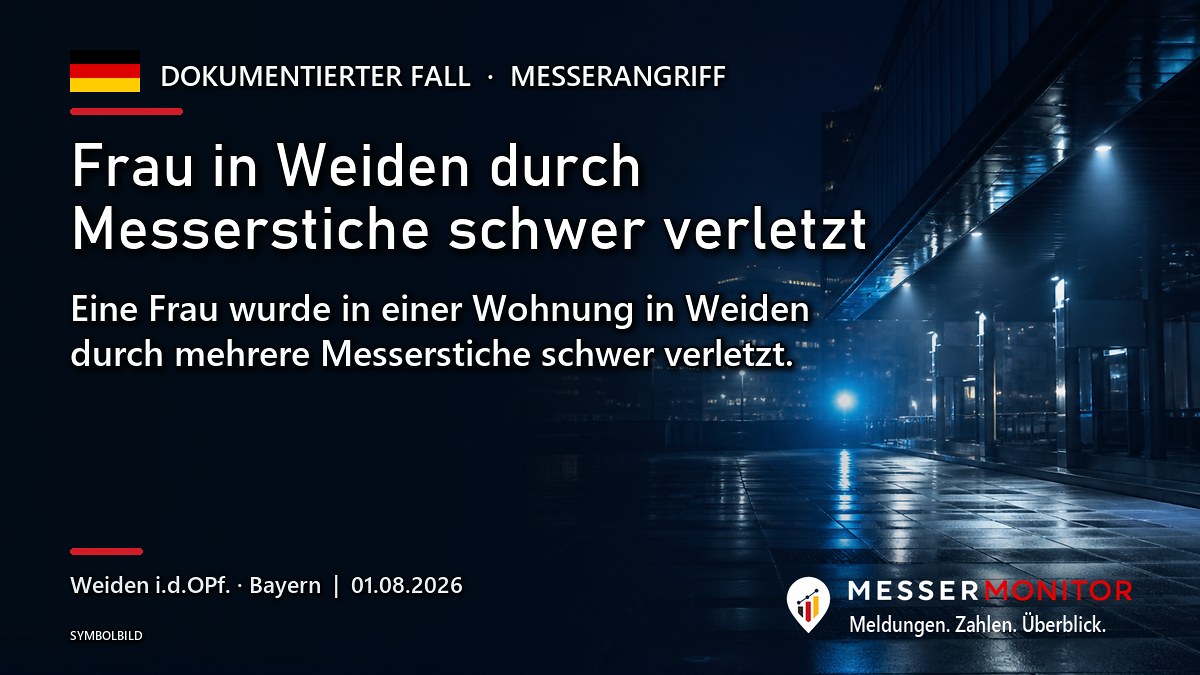 Titelgrafik: Frau in Weiden durch Messerstiche schwer verletzt. Eine Frau wurde in einer Wohnung in Weiden durch mehrere Messerstiche schwer verletzt..