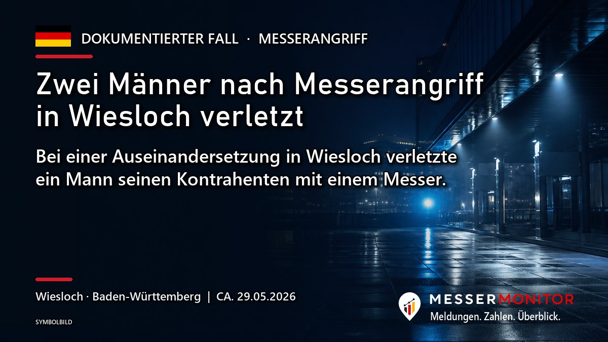 Titelgrafik: Zwei Männer nach Messerangriff in Wiesloch verletzt. Bei einer Auseinandersetzung in Wiesloch verletzte ein Mann seinen Kontrahenten mit einem Messer..