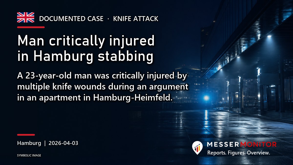 Title image: Man critically injured in Hamburg stabbing. A 23-year-old man was critically injured by multiple knife wounds during an argument in an apartment in Hamburg-Heimfeld..