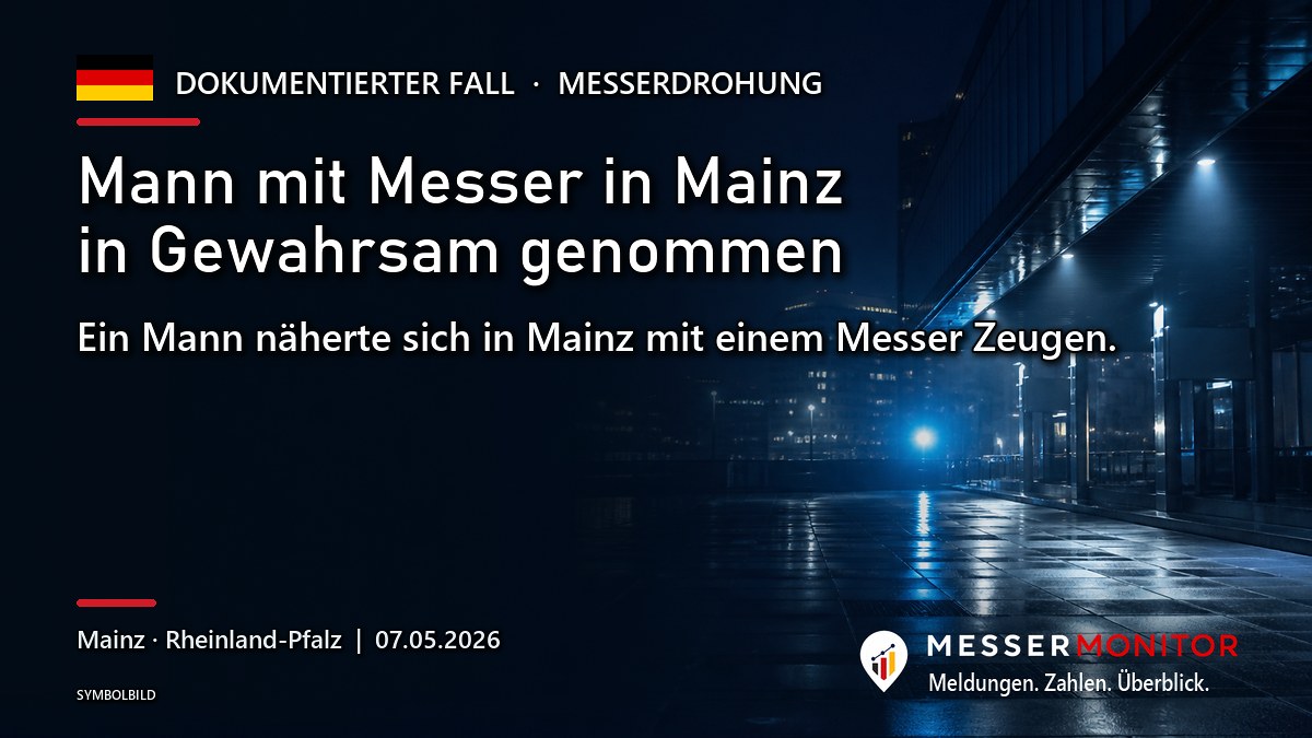 Titelgrafik: Mann mit Messer in Mainz in Gewahrsam genommen. Ein Mann näherte sich in Mainz mit einem Messer Zeugen..