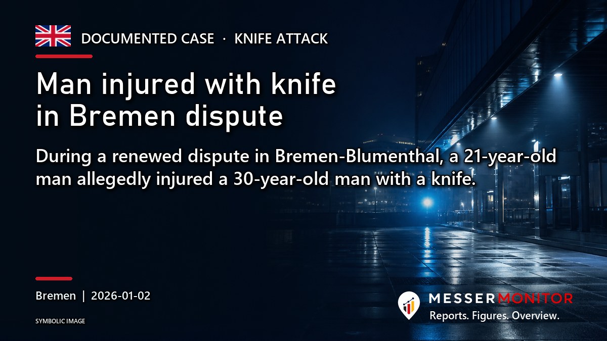Title image: Man injured with knife in Bremen dispute. During a renewed dispute in Bremen-Blumenthal, a 21-year-old man allegedly injured a 30-year-old man with a knife..