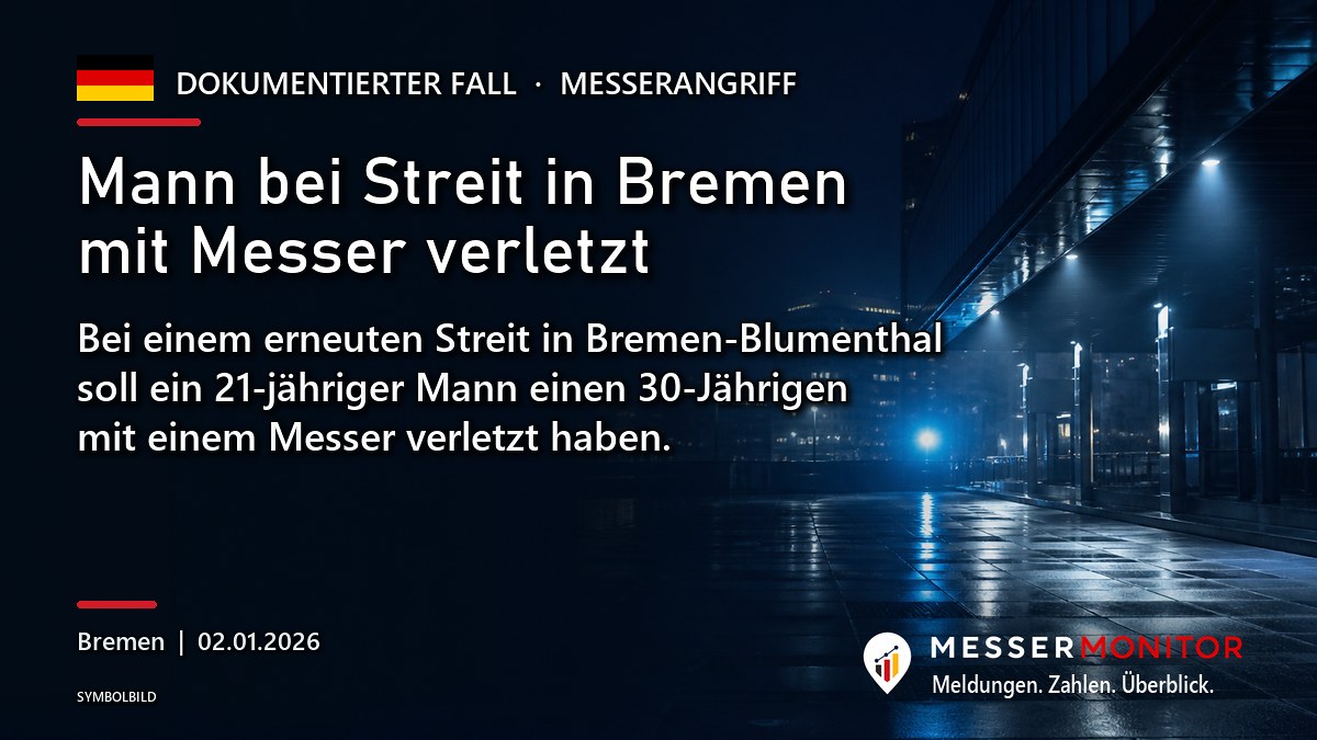 Titelgrafik: Mann bei Streit in Bremen mit Messer verletzt. Bei einem erneuten Streit in Bremen-Blumenthal soll ein 21-jähriger Mann einen 30-Jährigen mit einem Messer verletzt haben..