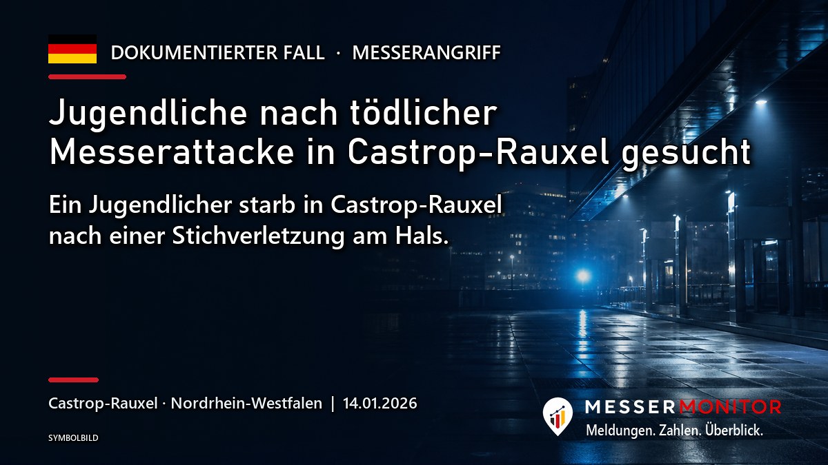 Titelgrafik: Jugendliche nach tödlicher Messerattacke in Castrop-Rauxel gesucht. Ein Jugendlicher starb in Castrop-Rauxel nach einer Stichverletzung am Hals..