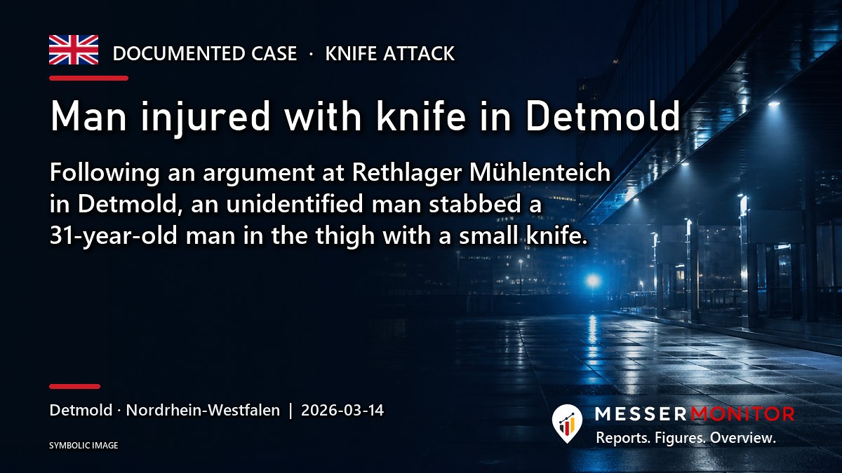 Title image: Man injured with knife in Detmold. Following an argument at Rethlager Mühlenteich in Detmold, an unidentified man stabbed a 31-year-old man in the thigh with a small knife..